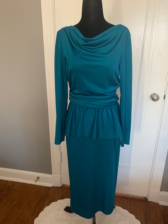 Lilli Diamond Teal Jewel Tone Peplum Dress