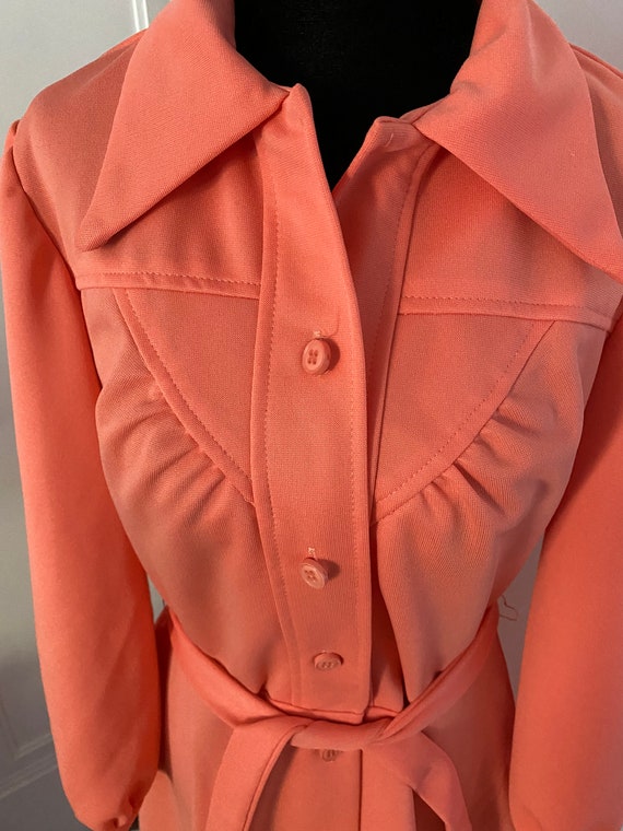 Salmon Button Down Belted Polyester Vintage Dress - image 3