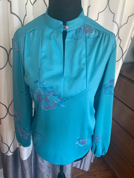 1970s Polyester Teal Floral Top