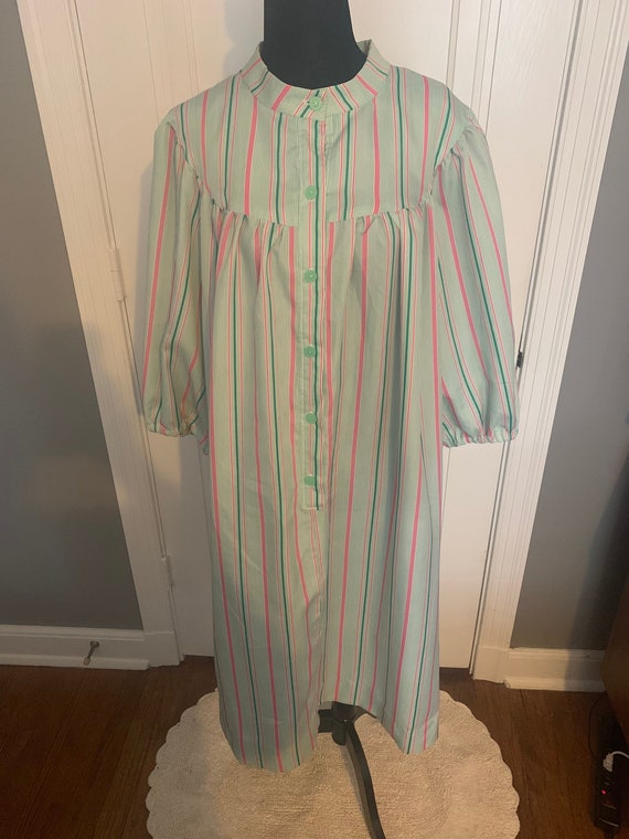 1970s Green and Pink Striped House Dress - image 1
