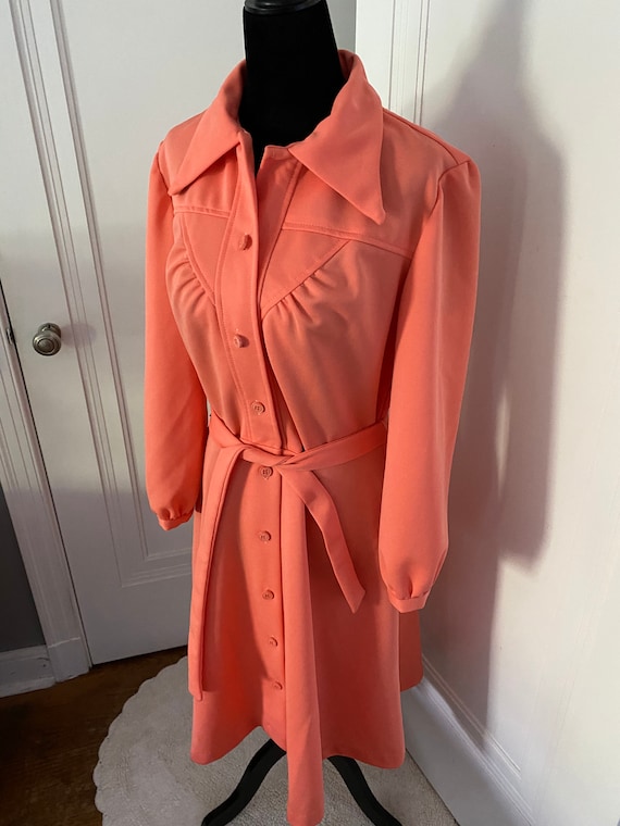 Salmon Button Down Belted Polyester Vintage Dress - image 4