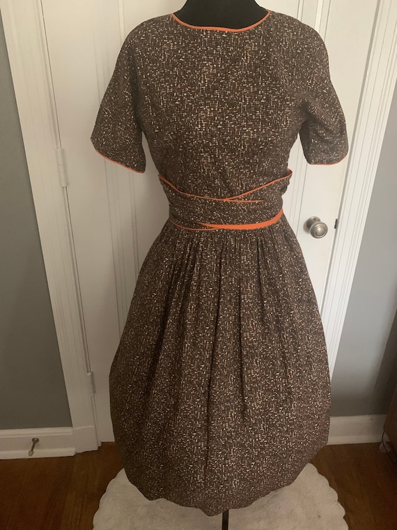 Vintage Orange and Brown Print Belted Dress