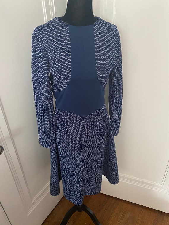 1960s Blue Handmade Long Sleeve Print Dress