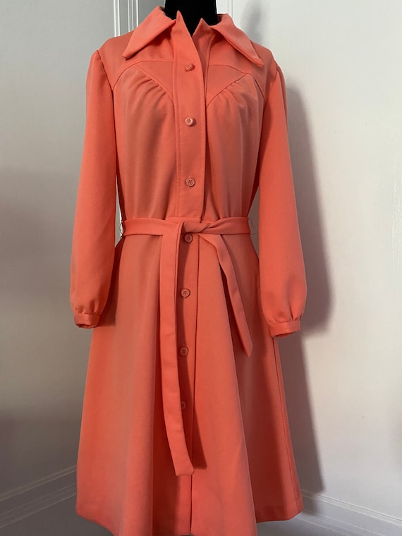 Salmon Button Down Belted Polyester Vintage Dress - image 2