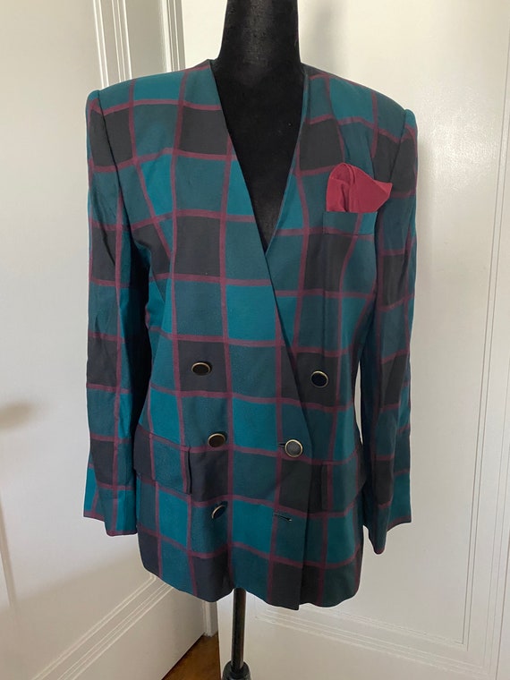 Le Suit 1980s Teal and Pink Plaid Blazer