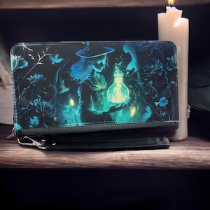 Encantadora billetera bruja, billetera con cremallera de bruja, bolso de bruja, billetera pagana, bolso wiccano, regalo único, regalo para ella, relleno de medias