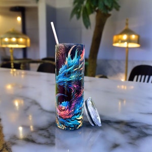 Vaso de dragón arcoíris, taza aislada de acero inoxidable de 20 oz, taza de viaje con dragón de fantasía, regalo de criatura mítica colorida, vaso para amantes de los dragones