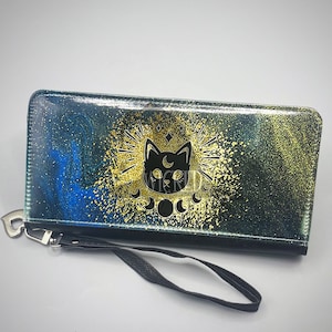 Monedero con cremallera de fase lunar de gato negro, monedero de bruja, monedero pagano, monedero Wiccan, regalo único, regalo para ella, relleno de medias, regalo de bruja, gótico