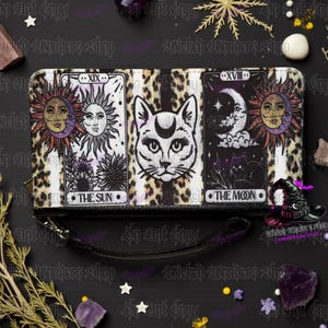 Tarot Sun & Moon Cat Wallet, Witchy Zipper Clutch, Leopard Print, Mystic Cat Wallet, Gifts for Witches, Tarot Lovers