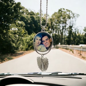 Angel Wings Memorial Car Charm, Photo Memory, Rear View Mirror Hanging Accessories, Personalized Key Chain Ornament, Memorial Gift