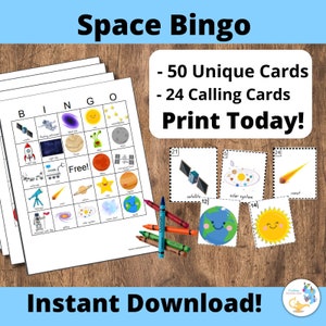 Space Bingo Printable - 50 Unique outer space Bingo Cards DIY Printable Game. Planet Bingo Printable Game- PDF Bingo