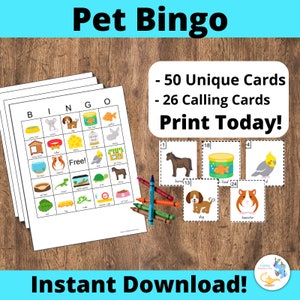 Tarjetas de bingo para mascotas: Tarjetas de bingo para imprimir, 50 tarjetas, actividad de juego para niños, Mascotas, Perro, gato, hámster, Fiesta de mascotas, Bingo veterinario, Fiesta veterinaria