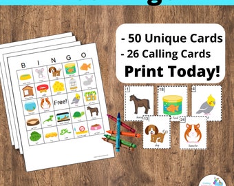 Pet Bingo Cards: Printable bingo cards, 50 cards, kids game activity, Pets, Dog, cat, hamster, Pet Party, Vet Bingo, Vet Party