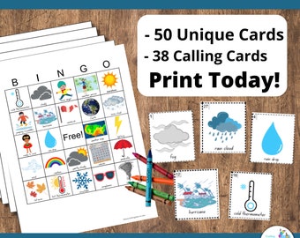 May include: A printable weather bingo game with 50 unique cards and 38 calling cards. The game features images of different weather conditions, such as rain, sun, snow, and wind. The game is perfect for children and adults alike.