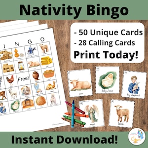 50 Krippen Bingo Karten | Sofortdownload | Christliche Weihnachten | Telefonkarten enthalten l Aktivitäten für die Sonntagsschule l Bibelspiele