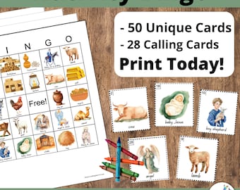 May include: A printable Nativity Bingo game with 50 unique cards and 28 calling cards. The game features images of a cow, baby Jesus, a boy shepherd, an angel, and a lamb. The text "Print Today!" and "Instant Download!" is also visible.