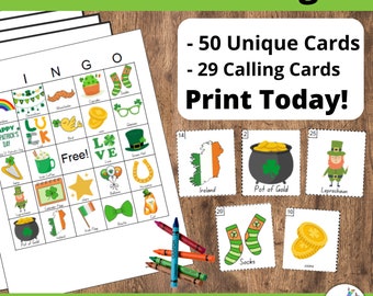 St Patrick Bingo Printable - 50 Unique St Patrick's Bingo Cards DIY Printable Game for St Patrick Day Party. Shamrock Bingo Printable Game.