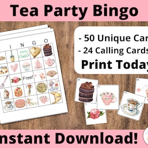 Tarjetas de bingo Tea Party: 50 tarjetas de bingo imprimibles, juegos de fiesta de té para mujeres y niños, actividad de té, ideas divertidas para fiestas de té, novias de té