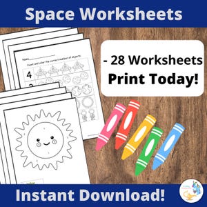 May include: A set of 28 printable space-themed worksheets for kids. The worksheets feature counting and coloring activities with images of planets, stars, rockets, and astronauts. The text "28 Worksheets Print Today!" is displayed on a wooden background with colorful crayons.