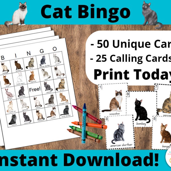 Cat Bingo Cards: Printable bingo cards, 50 cards, kids game activity, Cat breed bingo, Cat party activity, feline bingo, kitty bingo