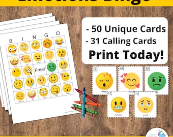 Emotion Bingo Cards: Printable bingo cards, 50 cards, kids game activity, Emotions, Emoji bingo, Empathy bingo, Empathy game, Emoji Party