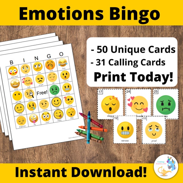 Emotion Bingo Cards: Printable bingo cards, 50 cards, kids game activity, Emotions, Emoji bingo, Empathy bingo, Empathy game, Emoji Party