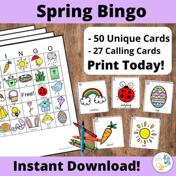 Spring Bingo Printable - 30 cartes de bingo printanières uniques à imprimer soi-même pour la fête de Pâques. Jeu imprimable de Bingo de Pâques. PDF