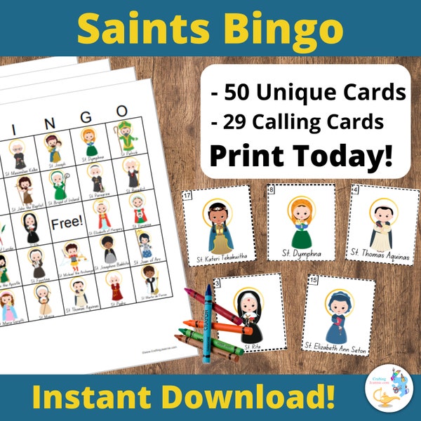 Saints Bingo 50 Cards, Saint Bingo Cards, Catholic Saints. Sunday School Game, Printable CCD Game, Church BINGO Game