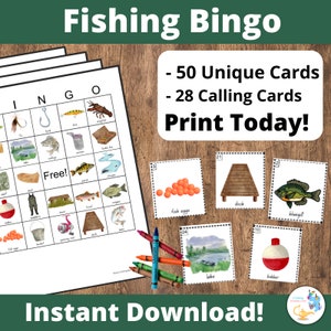 50 Fishing Bingo 50 Cards, Preschool Games, Fishing party, Fish Activity, Outdoor Activity, Fish BINGO, Games for Kids