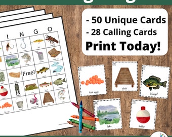May include: A printable fishing bingo game with 50 unique cards and 28 calling cards. The game board features images of fishing-related items, such as a fishing rod, a hook, a bucket, a lake, and a fish. The calling cards feature images of the items on the game board. The text "Fishing Bingo" is at the top of the image. The text "50 Unique Cards" and "28 Calling Cards" is in the upper right corner of the image. The text "Print Today!" is in the upper right corner of the image. The text "Instant Download!" is at the bottom of the image.