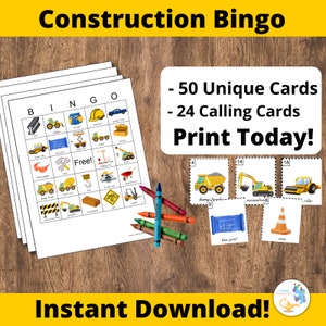 Afdrukbare bouwbingo: 50 unieke vrachtwagenbingokaarten om zelf af te drukken. Bouwfeestspel Bingo Afdrukbaar spel: pdf-bingo