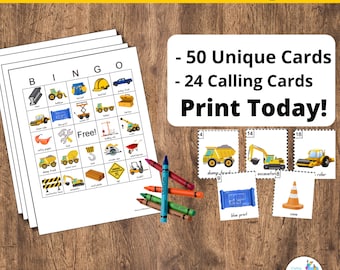 May include: Construction Bingo game with 50 unique cards and 24 calling cards. The game board is printed with images of construction equipment, tools, and safety gear. The calling cards feature images of construction equipment and tools. The text "Print Today!" and "Instant Download!" is visible on the image.