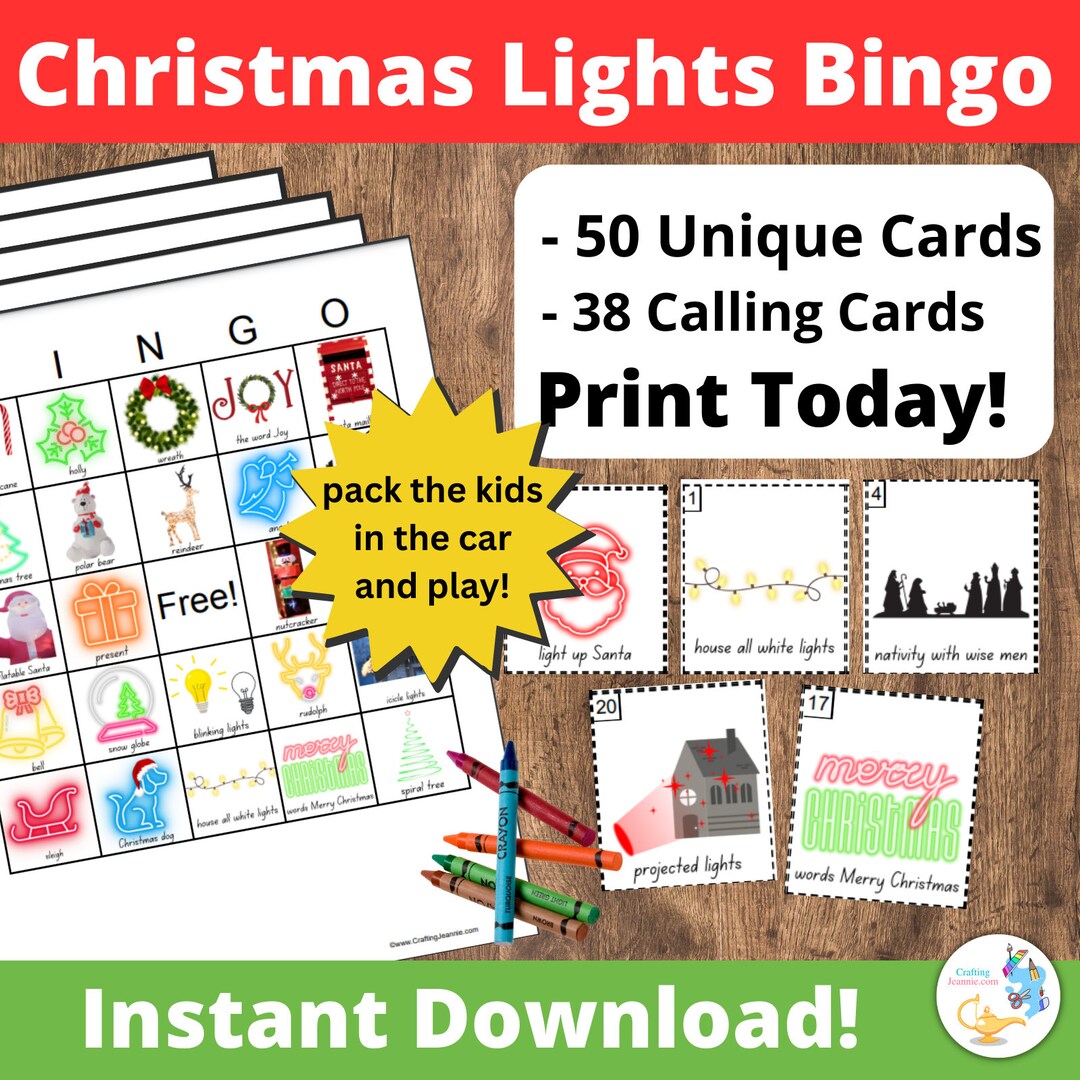 Christmas Lights Bingo 50 Cards, Holiday Lights Game, Christmas Game