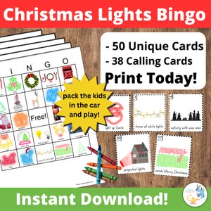 May include: Christmas Lights Bingo game printable with 50 unique cards and 38 calling cards. The image shows a sample bingo card with images of Christmas lights, decorations, and symbols. The text "Print Today!" and "Instant Download!" is also visible.
