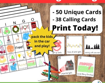 Christmas Lights Bingo - 50 Cards,  Holiday Lights Game, Christmas Game, Christmas Lights Scavenger Hunt, Christmas for Older Kids and Teens