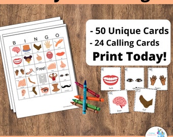 May include: A printable bingo game with 50 unique cards and 24 calling cards featuring illustrations of different body parts. The game is titled "Body Parts Bingo" and includes the text "Print Today!" and "Instant Download!"