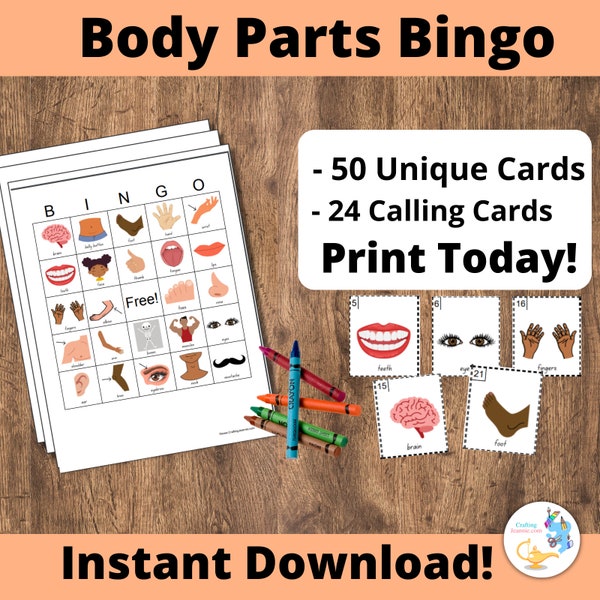 Body Parts Bingo Printable - 50 Unique Body Bingo Cards DIY Printable Game. Learning about the Body Bingo Printable Game- PDF Bingo