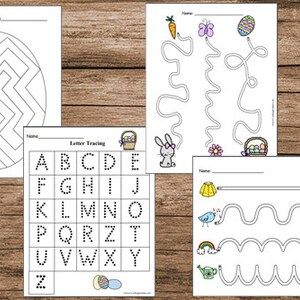 May include: Four printable worksheets for kids featuring Easter-themed activities. The worksheets include a maze, letter tracing, and line tracing activities.