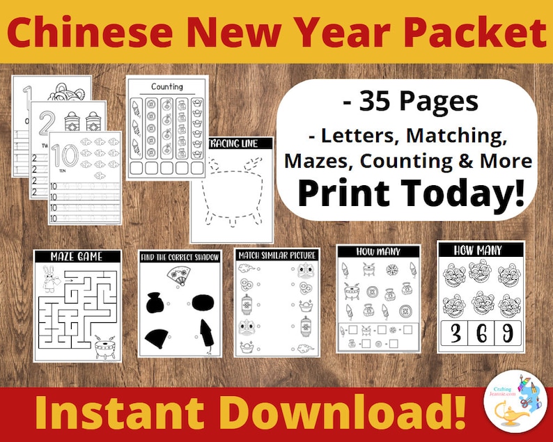 Chinese New Year Activities, Mazes, Counting, Printable Chinese New Year Games. Chinese New year Fun Lunar New Year PDF image 1