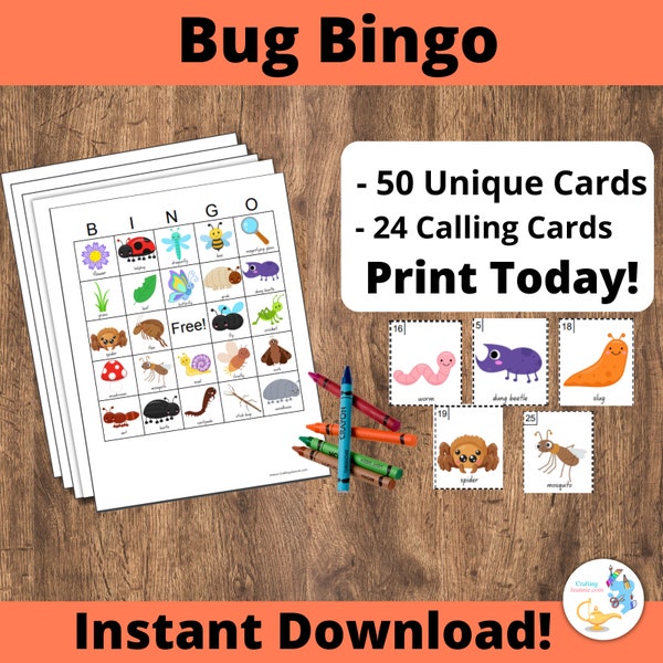 Bug Bingo Cards: Printable bingo cards, 50 cards, kids game activity, insect bingo, creepy crawlies party idea, bug party