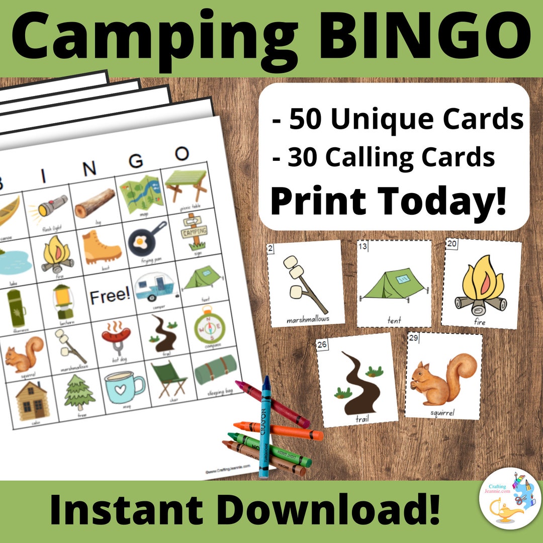 Camping Bingo: PRINTABLE 50 Cards, Bingo Pdf Game, Party Game Ideas ...