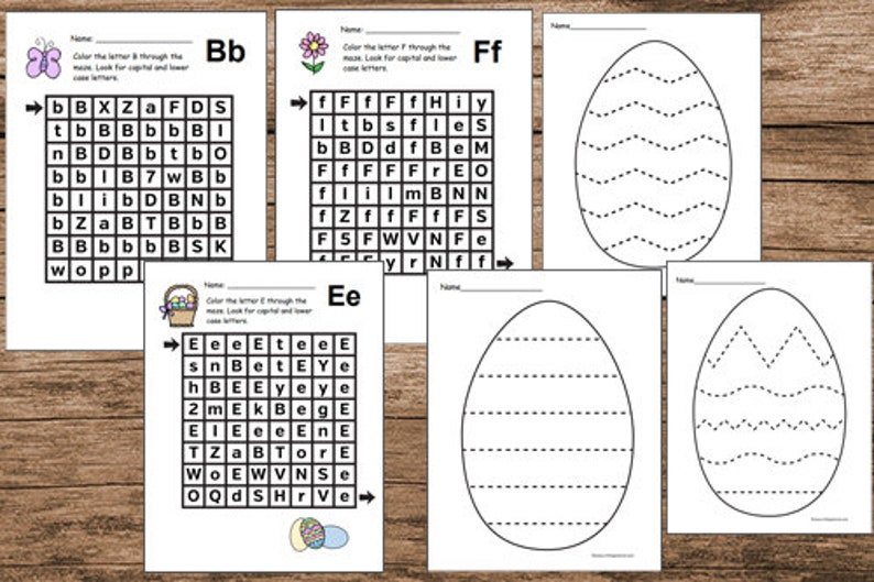 May include: Five printable worksheets for kids to practice letter recognition and fine motor skills. Each worksheet features a letter of the alphabet, a word search puzzle, and an egg-shaped tracing activity. The letters are B, F, E, and the tracing activities include wavy, straight, and zig-zag lines.