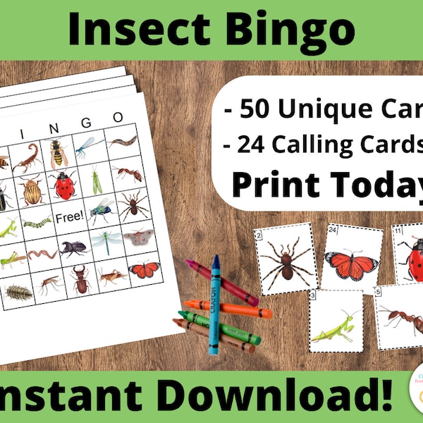 Insect Bingo Cards: Printable bingo cards, 50 cards, kids game activity, insect bingo, creepy crawlies party idea, bug party