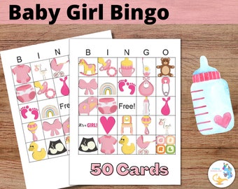 Baby Girl Bingo Cards: PRINTABLE bingo cards, baby shower bingo, set of 50 cards, color picture bingo, pink baby shower game activity idea