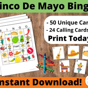 Tarjetas de Bingo del Cinco de Mayo: Tarjetas de bingo imprimibles, 50 tarjetas, actividad de juego para niños, bingo mexicano, fiesta del Cinco de mayo, fiesta de piñata, fiesta