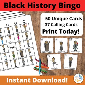 Cartas de bingo da História Negra: 50 cartas, atividade do Mês da História Negra, Décima Primeira Atividade, Bingo de Figuras Negras, Jogo de História