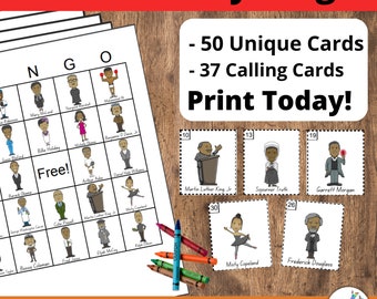 Black History Bingo Cards: 50 cards, Black History Month activity, Juneteenth Activity, Black Figures bingo, History game