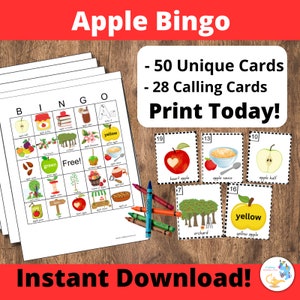 Apple Bingo Cards: Printable bingo cards, 50 cards, kids game activity, Apples, Apple Game, Apple Lesson, Learning about Apples, fall bingo