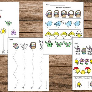 May include: Four printable worksheets for preschoolers featuring Easter-themed activities, including cutting practice, identifying differences, and sequencing. The worksheets include images of a rainbow, a bee, a snail, a flower, a sun, a butterfly, a watering can, a lamb, an Easter egg, a basket, a chick, and an umbrella.