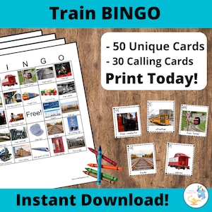 50 tarjetas de BINGO de trenes, juegos de locomotoras para preescolar, fiesta de cumpleaños de trenes, actividad de trenes, Thomas el tren
